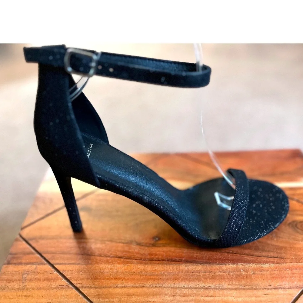 Halston Maui Black Glitter Stiletto Ankle Strap Sandals Heels US 10 EU 41